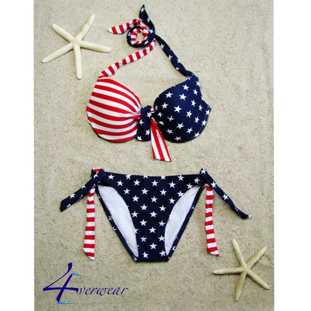 STARS & STRIPES TIE FRONT HALTER TOP BIKINI